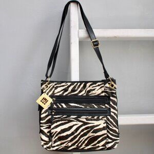 GAL Black Cream Zebra Print Crossbody Zipper Compartment Large Purse Bag NWT